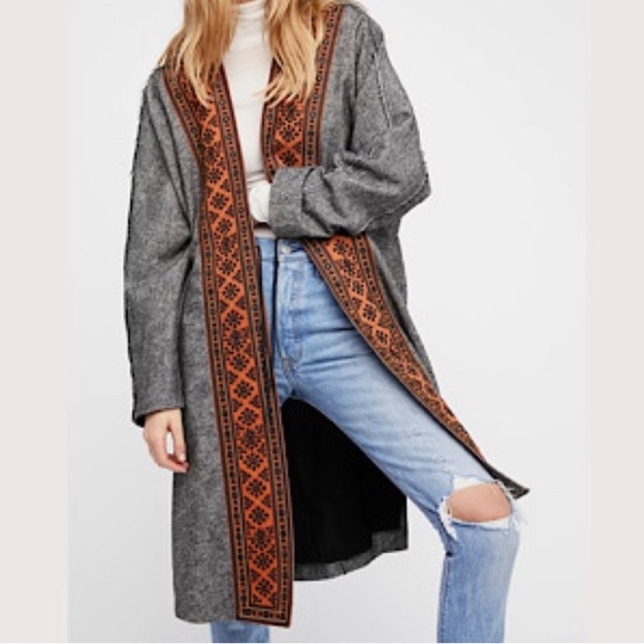 FREE PEOPLE Nomad Tweed Duster Wool Coat Long Jacket Lined Embroidered Boho Chic - Picture 2 of 13